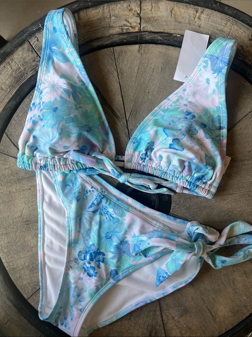 Shade & Shore Pastel Blue and Mint Floral Tie-Side Bikini Medium B37